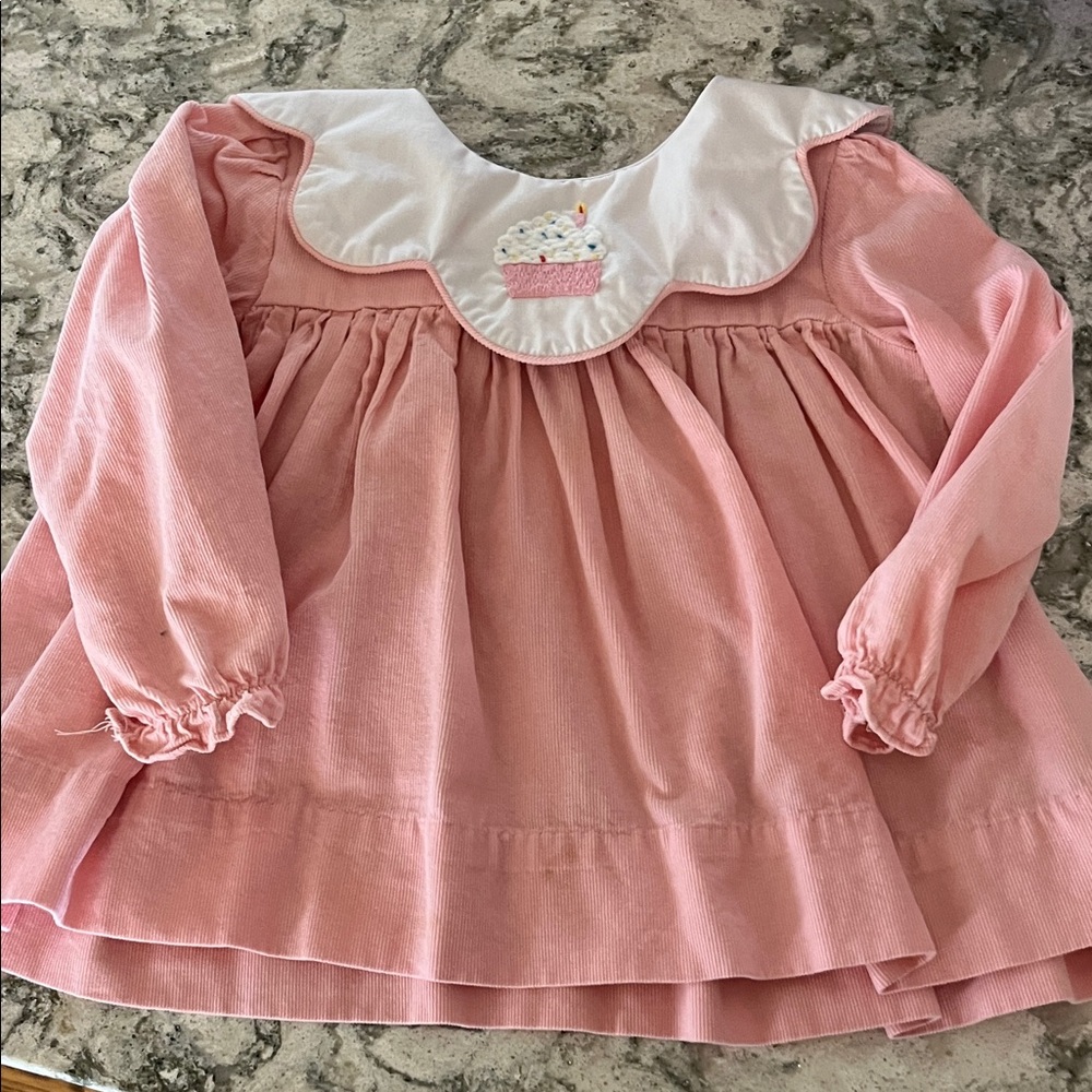Pink Long Sleeve Dress with Cupcake Embroidery